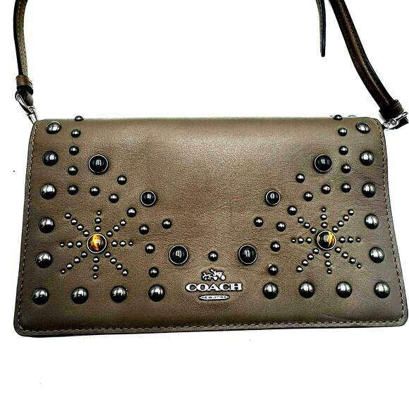 COACH Brown Foldover Crossbody Bag Clutch Purse Cowgirl Western Embellished Boho - Picture 1 of 16